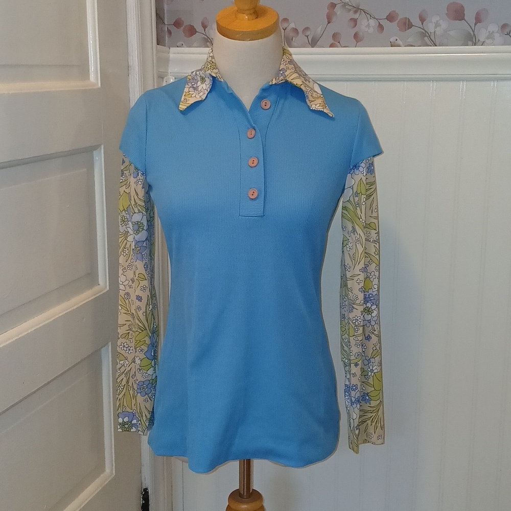Vintage 1960s 70s Blue Long Sleeve Polo with Floral Accents